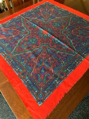 Red Paisley Square Scarf with Blue and Green Accents 34“ x 34“